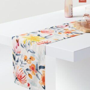 Crate&Barrel Table Runner 14x90in Vale Floral Natural Cotton Linen Blend